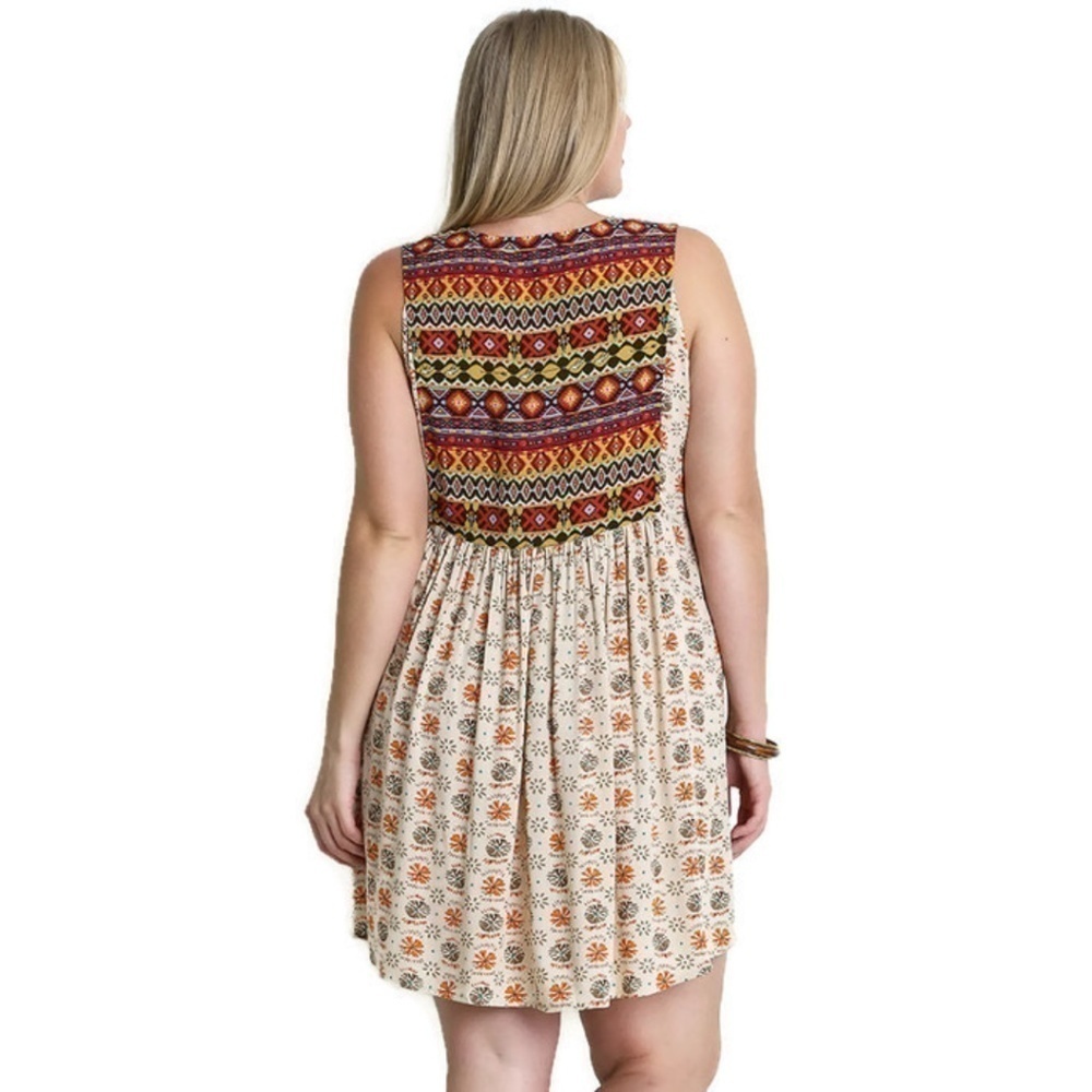 Taupe Mixed Sleeveless Printed Peasant Dress - Picture 3 of 4